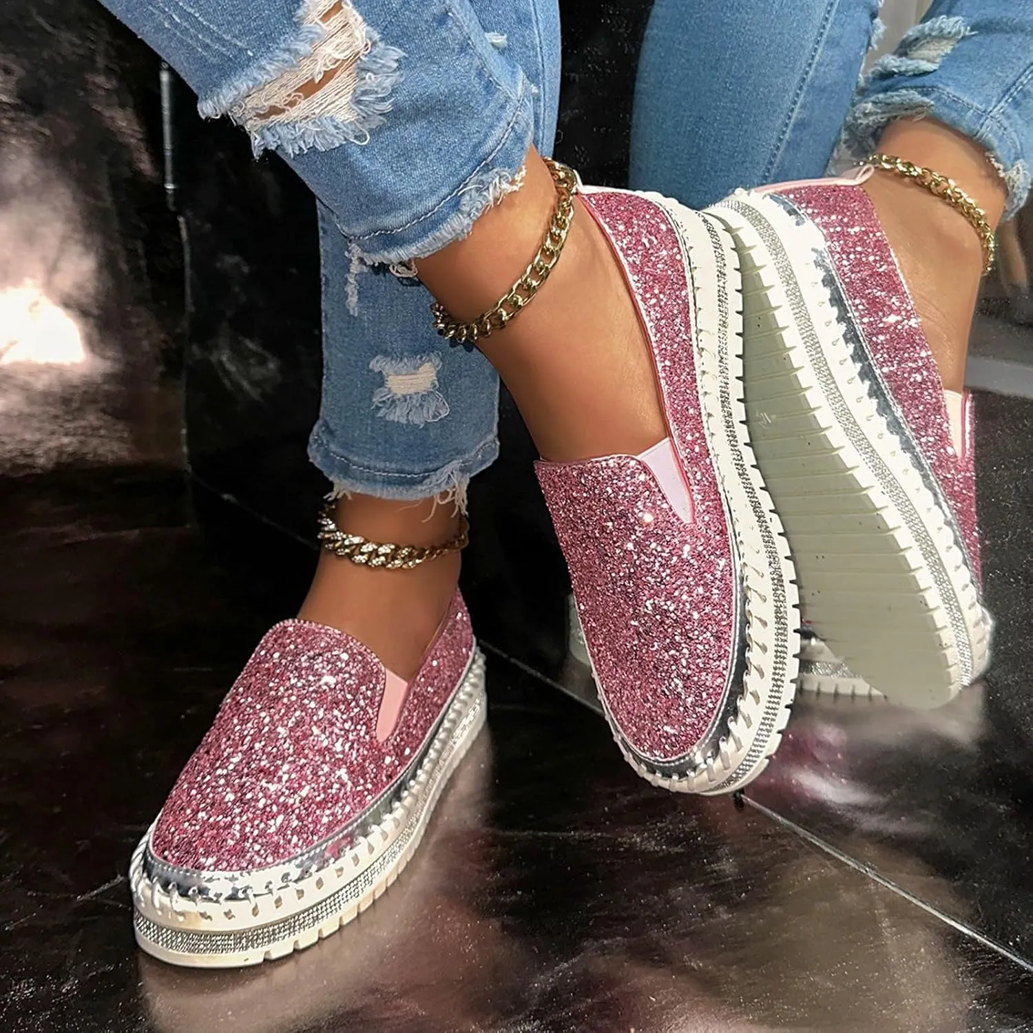 Glitter Sneakers for Women Slip On Sneakers Comfort Cute Loafers Walking Flat Loafer Platform Rhinestones Shoes