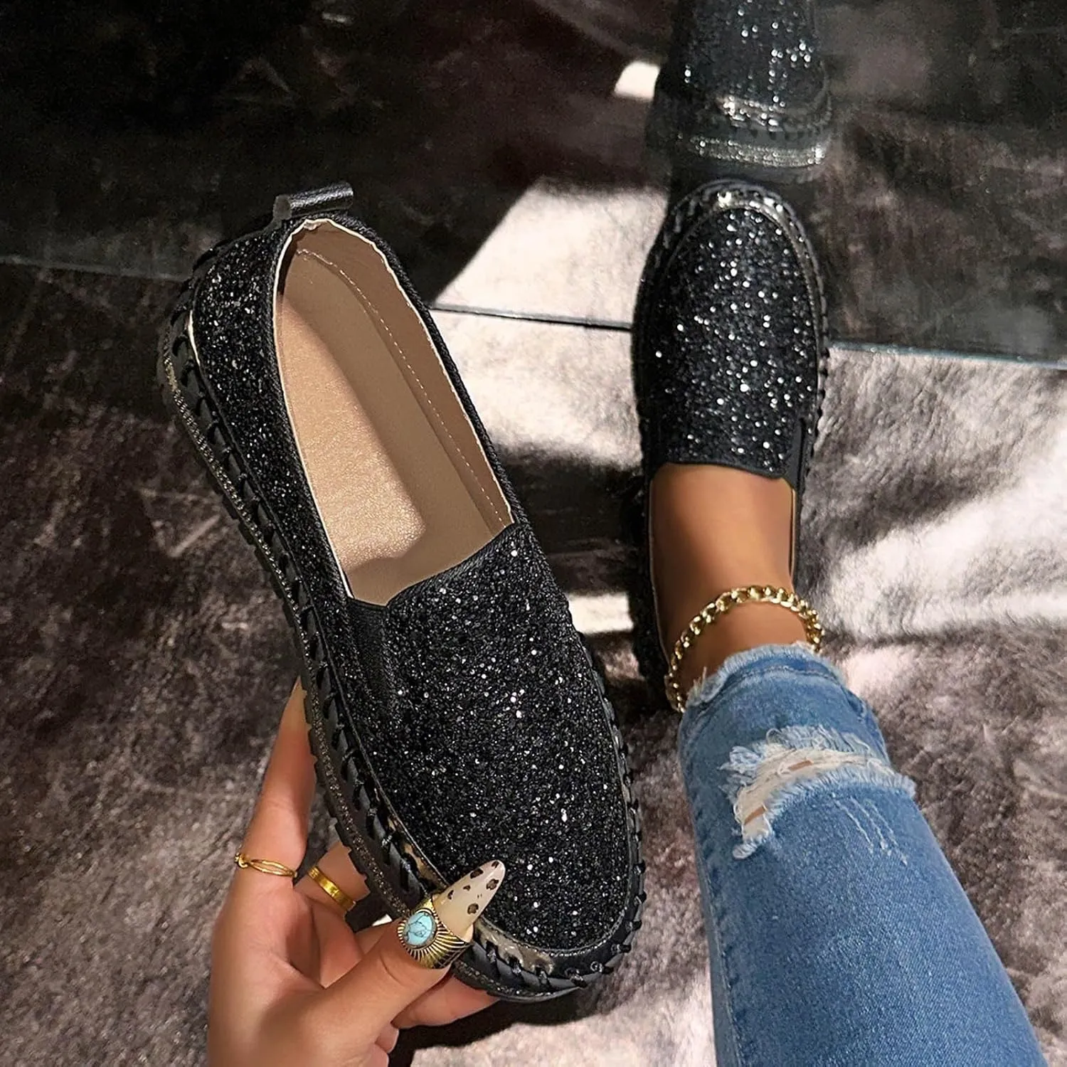 Glitter Sneakers for Women Slip On Sneakers Comfort Cute Loafers Walking Flat Loafer Platform Rhinestones Shoes