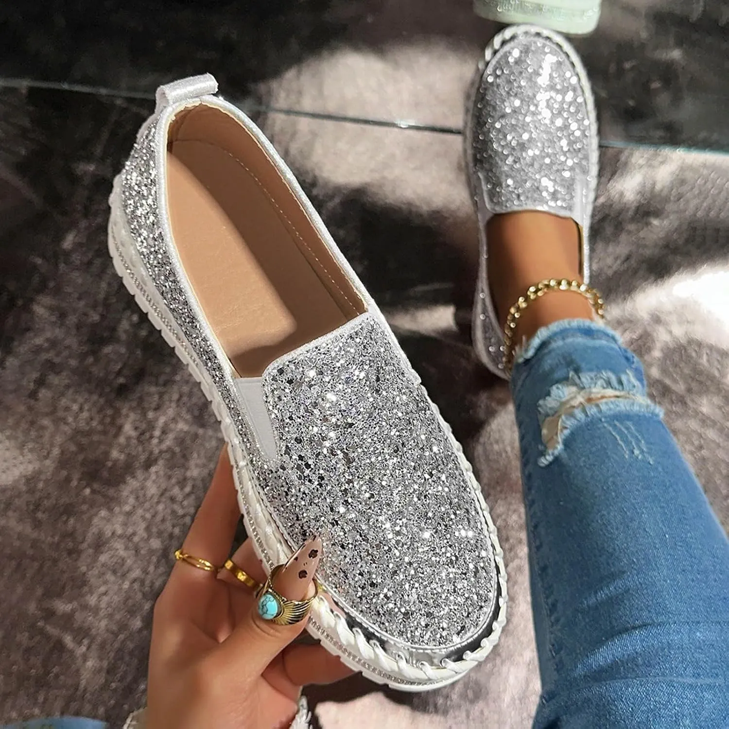Glitter Sneakers for Women Slip On Sneakers Comfort Cute Loafers Walking Flat Loafer Platform Rhinestones Shoes