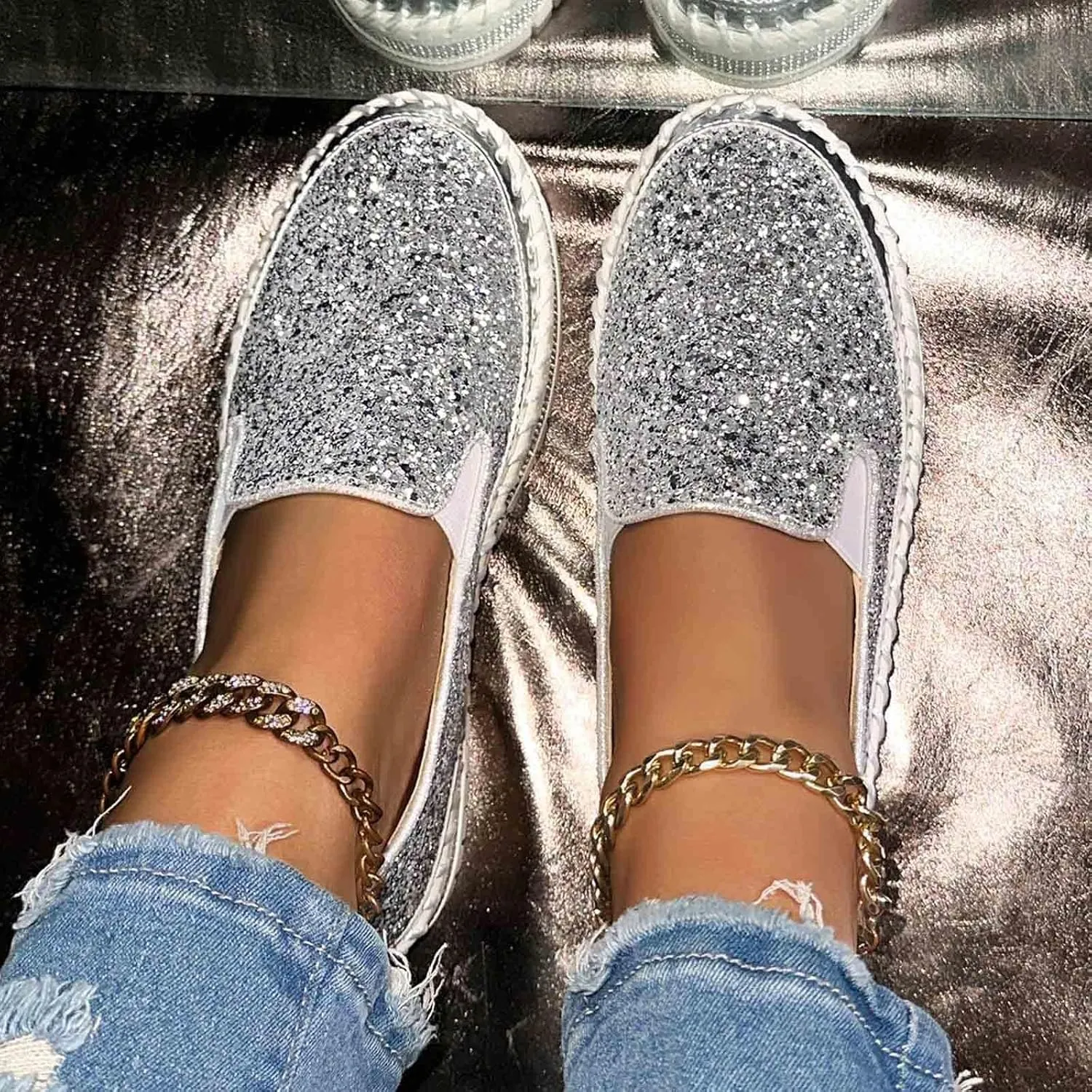 Glitter Sneakers for Women Slip On Sneakers Comfort Cute Loafers Walking Flat Loafer Platform Rhinestones Shoes