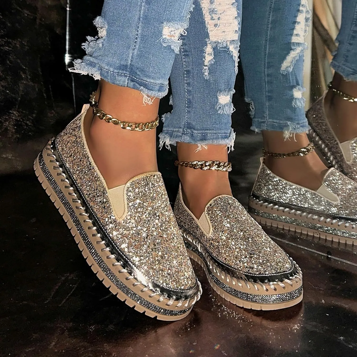 Glitter Sneakers for Women Slip On Sneakers Comfort Cute Loafers Walking Flat Loafer Platform Rhinestones Shoes