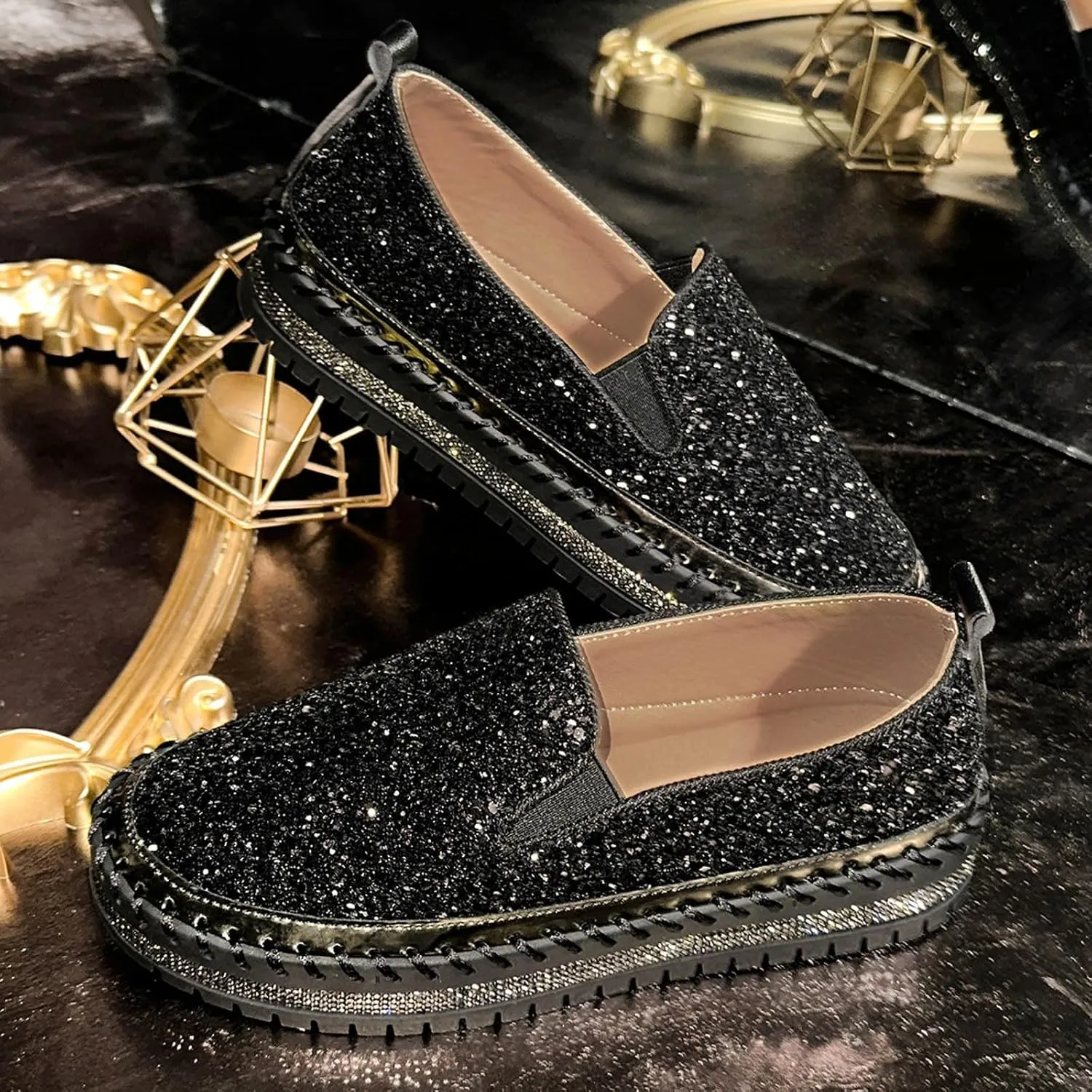 Glitter Sneakers for Women Slip On Sneakers Comfort Cute Loafers Walking Flat Loafer Platform Rhinestones Shoes