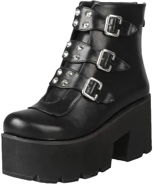 GUNIYIFS Womens Combat Ankle Boots Leather Zipper Platform Booties Gothic Boots for Women Platform Chunky Heel Mid Calf Boots