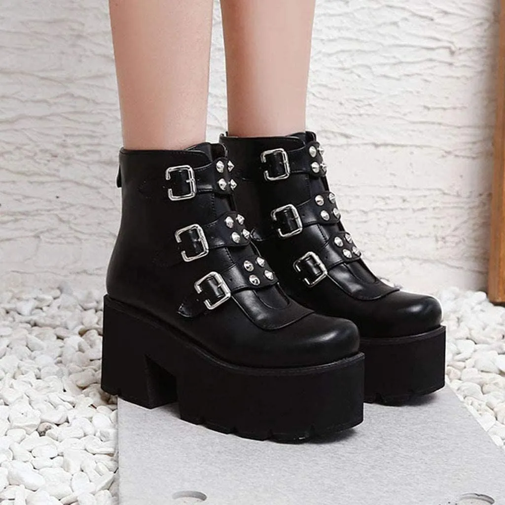 GUNIYIFS Womens Combat Ankle Boots Leather Zipper Platform Booties Gothic Boots for Women Platform Chunky Heel Mid Calf Boots