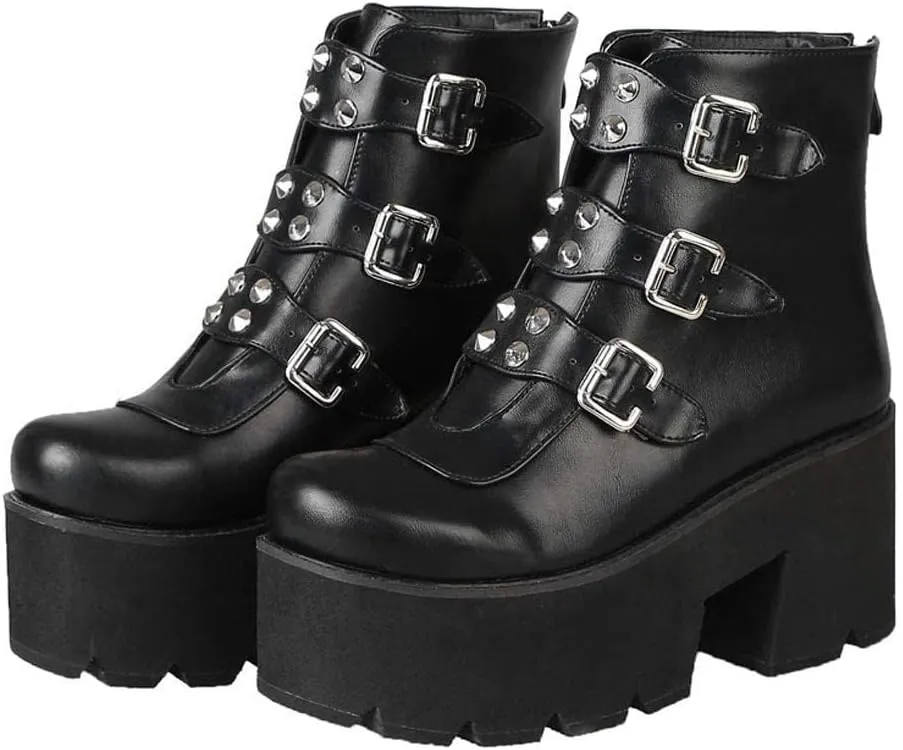 GUNIYIFS Womens Combat Ankle Boots Leather Zipper Platform Booties Gothic Boots for Women Platform Chunky Heel Mid Calf Boots