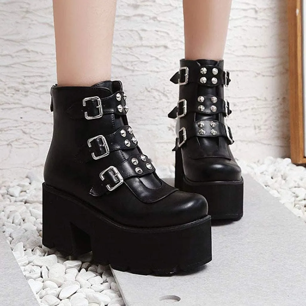 GUNIYIFS Womens Combat Ankle Boots Leather Zipper Platform Booties Gothic Boots for Women Platform Chunky Heel Mid Calf Boots