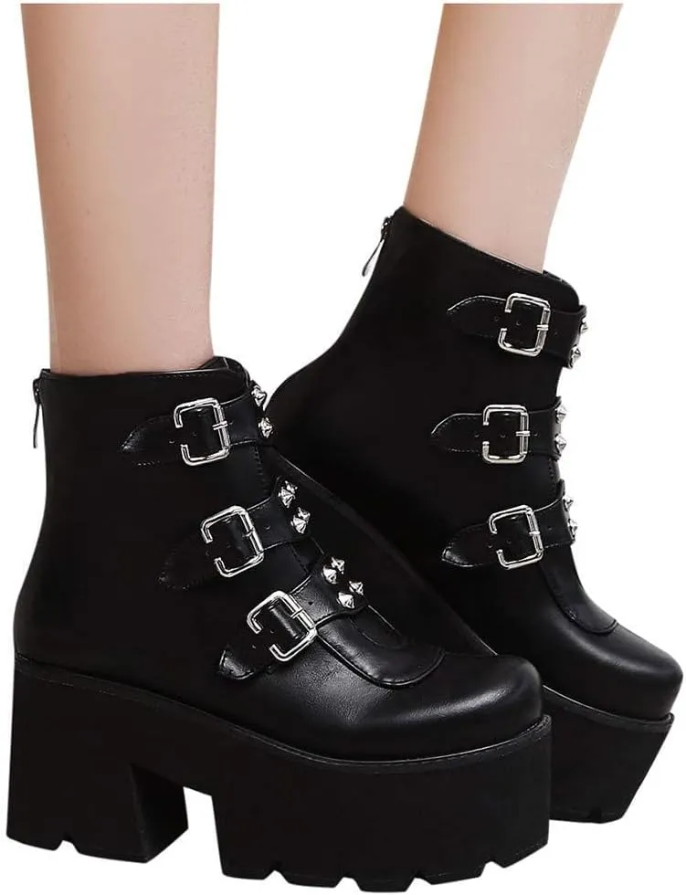 GUNIYIFS Womens Combat Ankle Boots Leather Zipper Platform Booties Gothic Boots for Women Platform Chunky Heel Mid Calf Boots