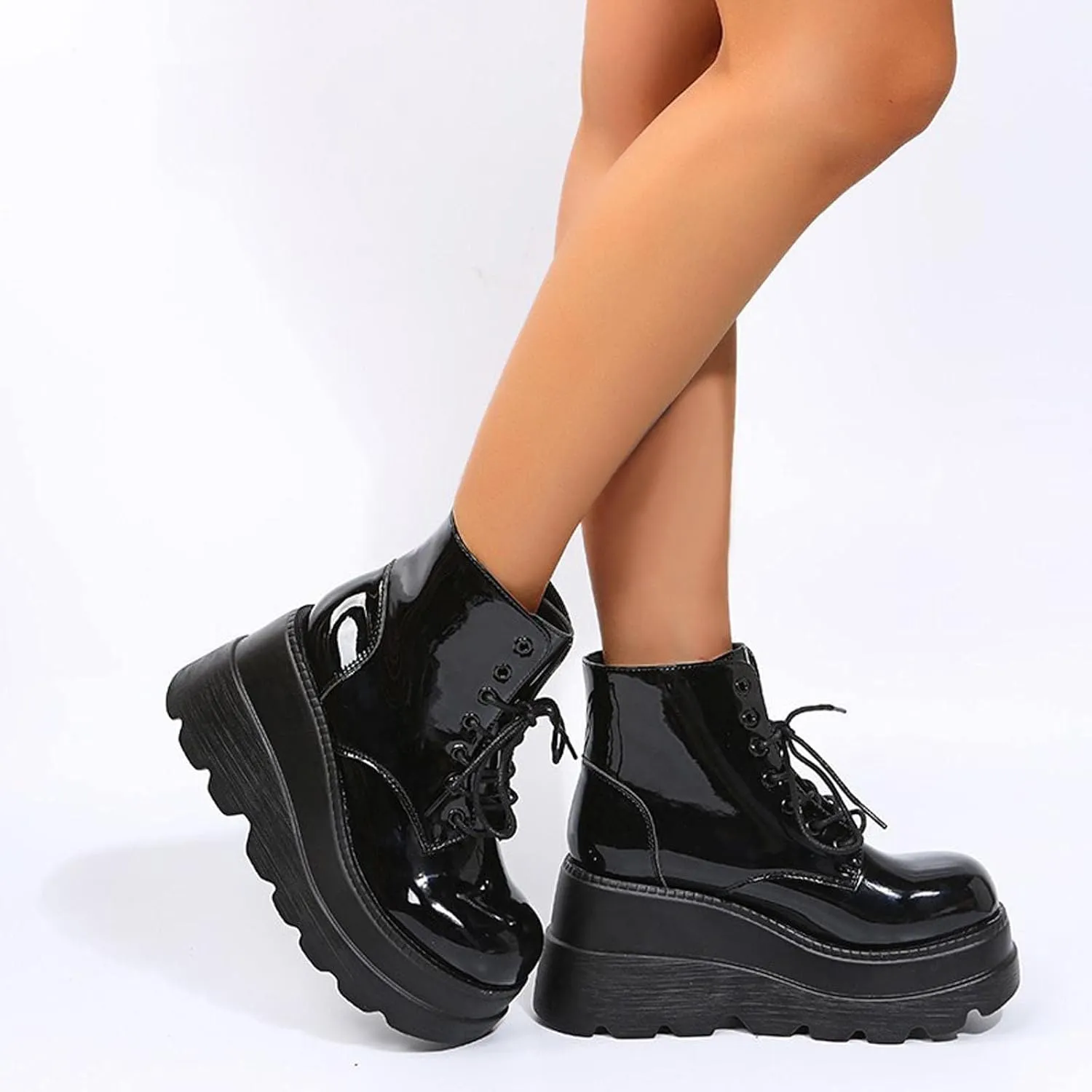 GUNIYIFS Womens Platform Boots Goth Combat Boots Punk Leather Gothic Boots for Women Mid Calf Ankle Booties Chunky Shoes