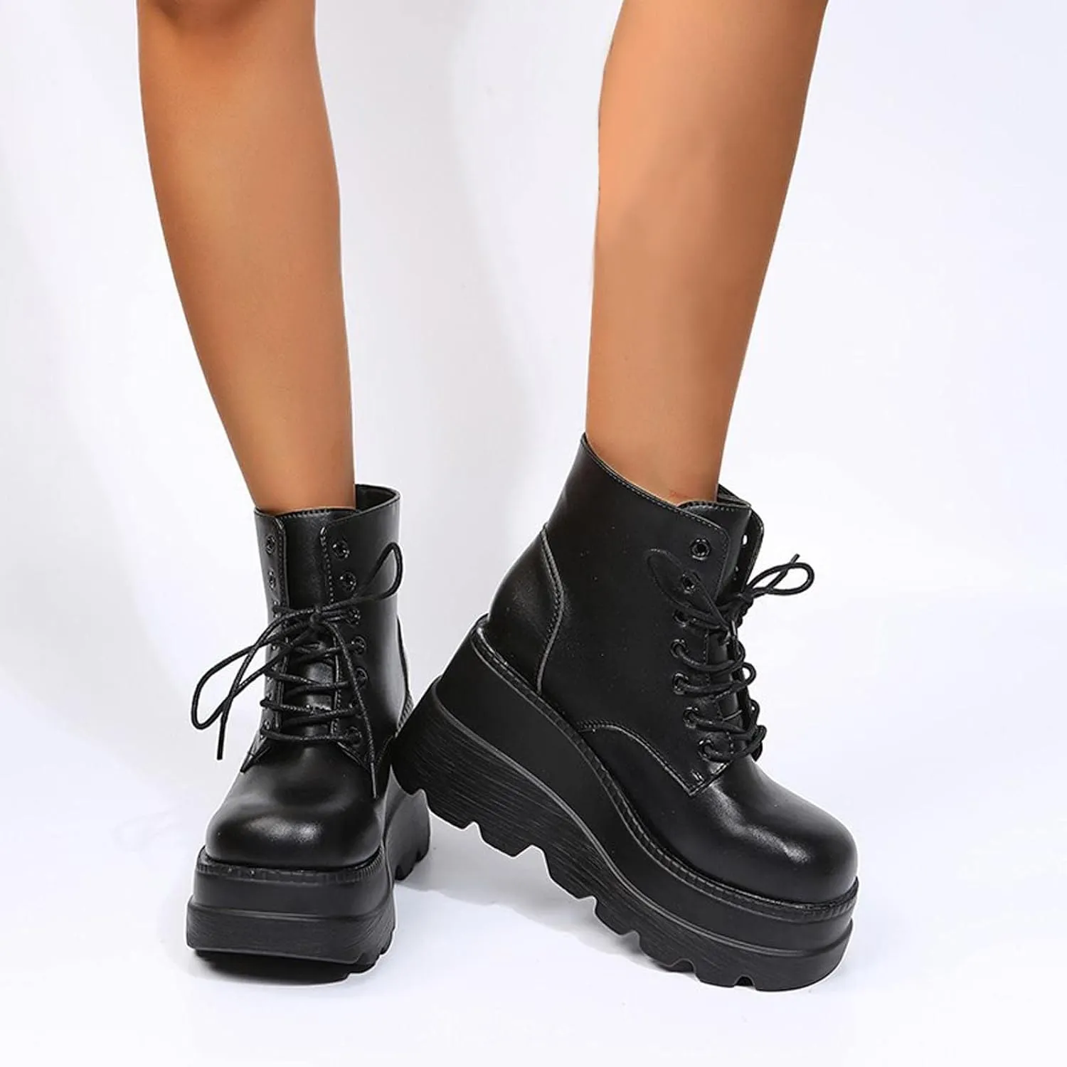GUNIYIFS Womens Platform Boots Goth Combat Boots Punk Leather Gothic Boots for Women Mid Calf Ankle Booties Chunky Shoes