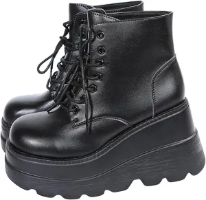 GUNIYIFS Womens Platform Boots Goth Combat Boots Punk Leather Gothic Boots for Women Mid Calf Ankle Booties Chunky Shoes