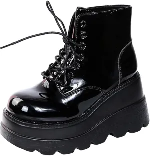 GUNIYIFS Womens Platform Boots Goth Combat Boots Punk Leather Gothic Boots for Women Mid Calf Ankle Booties Chunky Shoes