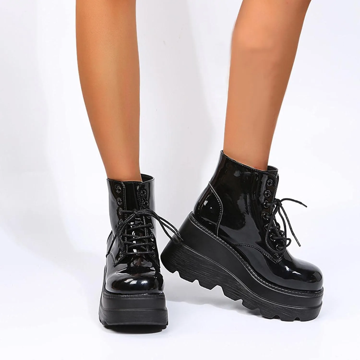 GUNIYIFS Womens Platform Boots Goth Combat Boots Punk Leather Gothic Boots for Women Mid Calf Ankle Booties Chunky Shoes