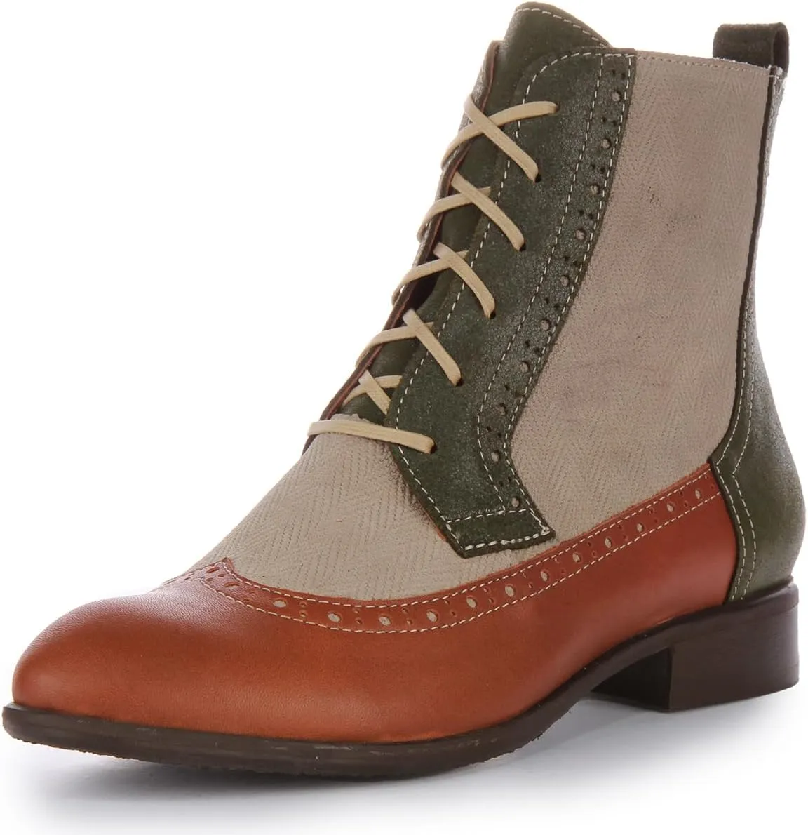 Helene Women's Lace Up Leather Tweed Combat Ankle Boots with Zip, Stylish and Comfortable