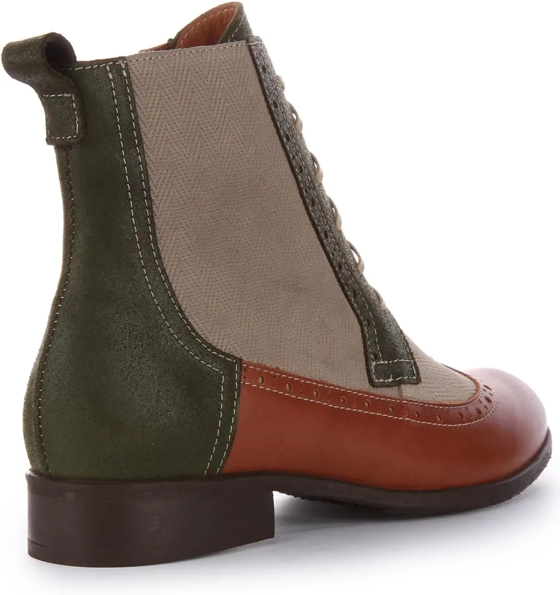 Helene Women's Lace Up Leather Tweed Combat Ankle Boots with Zip, Stylish and Comfortable