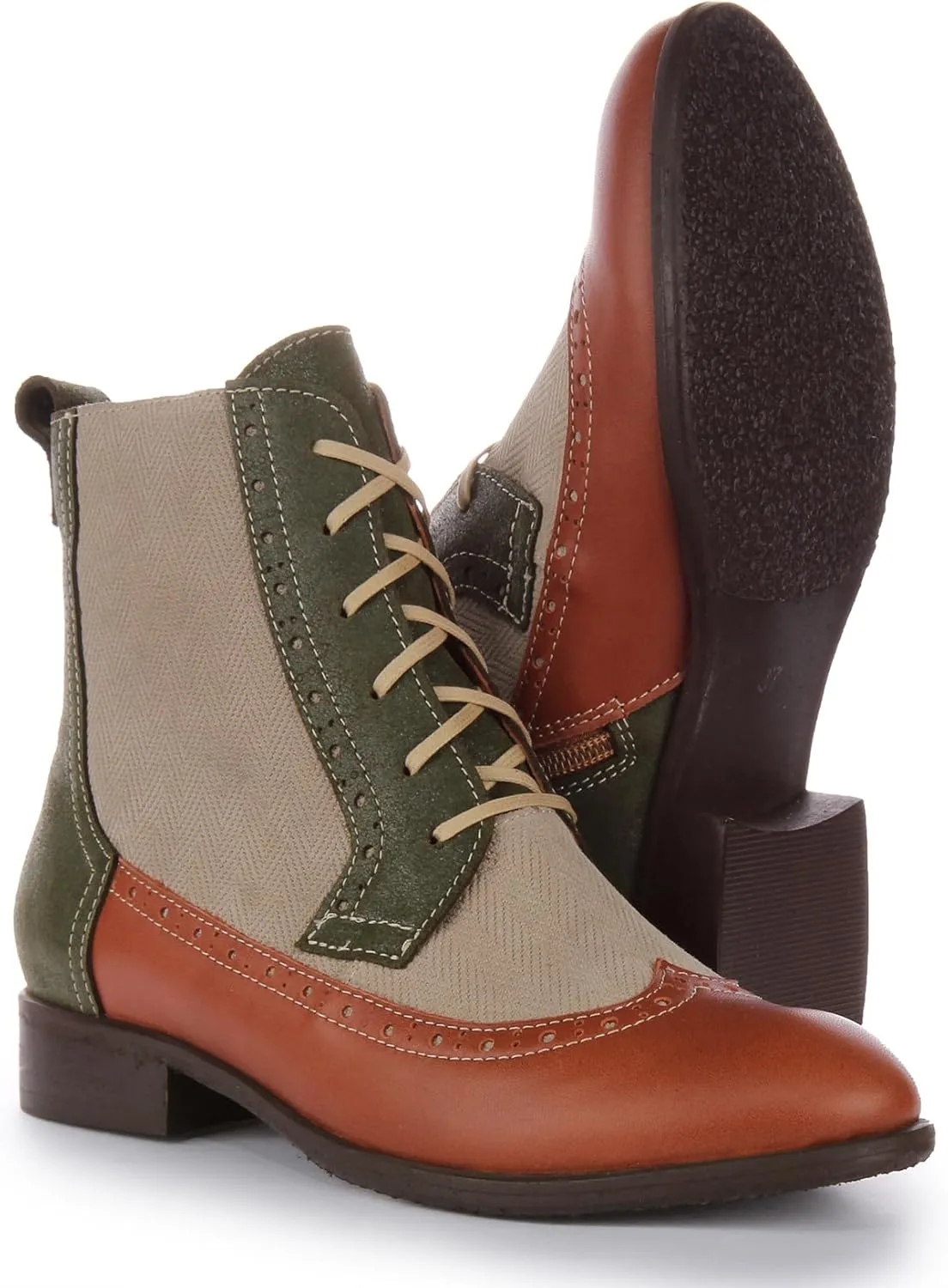 Helene Women's Lace Up Leather Tweed Combat Ankle Boots with Zip, Stylish and Comfortable