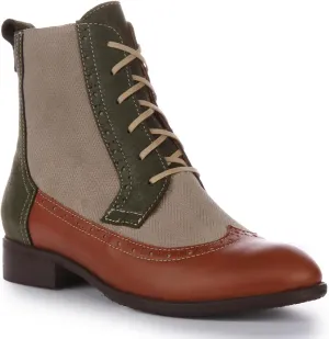 Helene Women's Lace Up Leather Tweed Combat Ankle Boots with Zip, Stylish and Comfortable