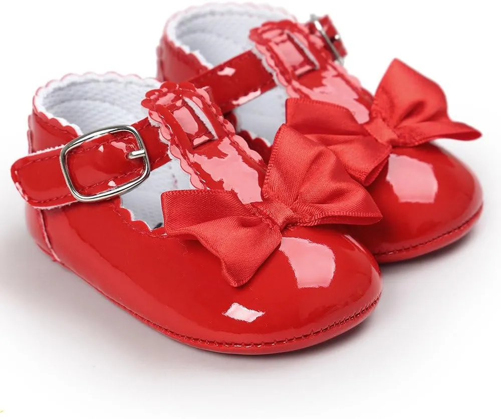 Infant Toddler Baby Soft Sole Leather Shoes for Girls Walking Sneakers Bowknot Princess Soft Sole Shoes (Red-05#A, 12-18 Months)