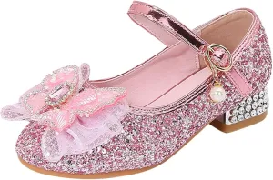 IWIHMIV Girls Brown Dress Shoes Comfortable Chunky Low Heels Ankle Strap Party Wedding Girls Princess Dress Up Shoes