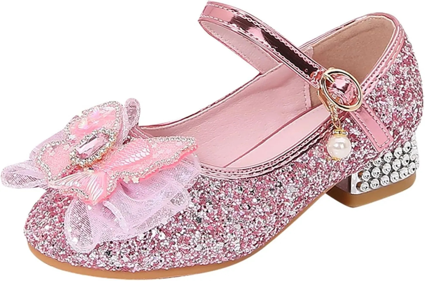 IWIHMIV Girls Brown Dress Shoes Comfortable Chunky Low Heels Ankle Strap Party Wedding Girls Princess Dress Up Shoes