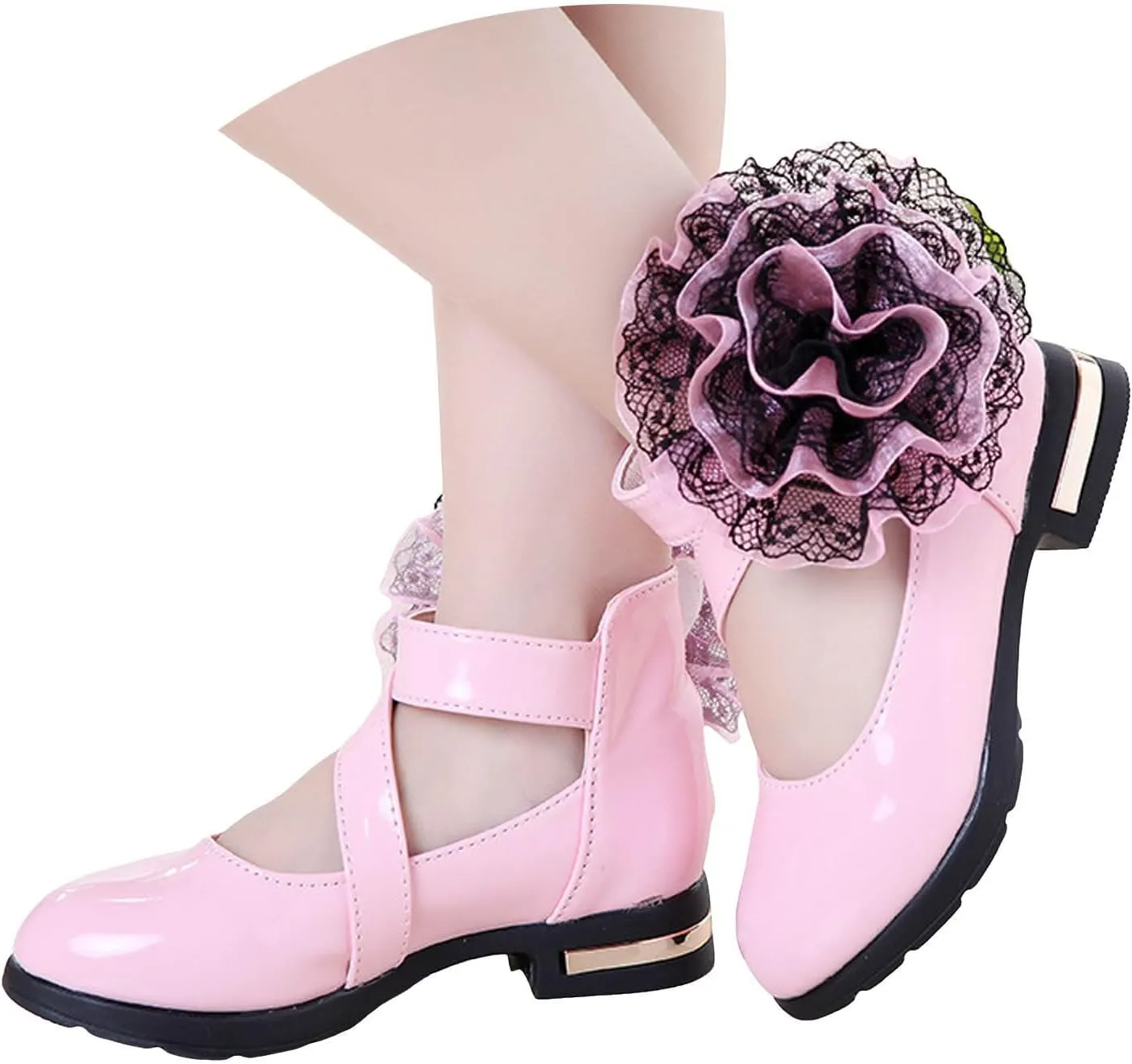 IWIHMIV Girls Round Toe Ankle Strap School Shoes Comfortable Leather Mary Jane Low Chunky Heel Dress Shoe