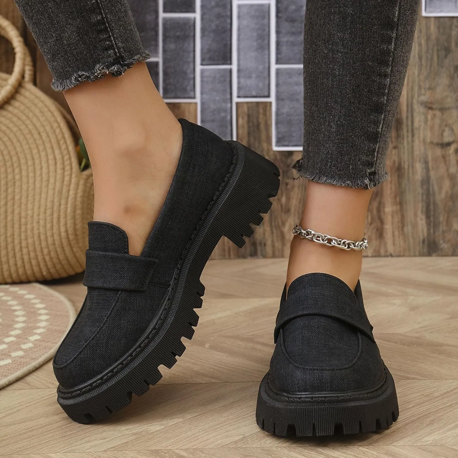 Jean Loafers for Women Comfort Slip-On Loafers Business Dress Shoes Chunky Heeled Work Shoes Retro Dress Shoes