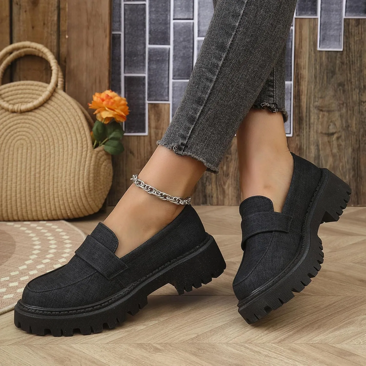 Jean Loafers for Women Comfort Slip-On Loafers Business Dress Shoes Chunky Heeled Work Shoes Retro Dress Shoes