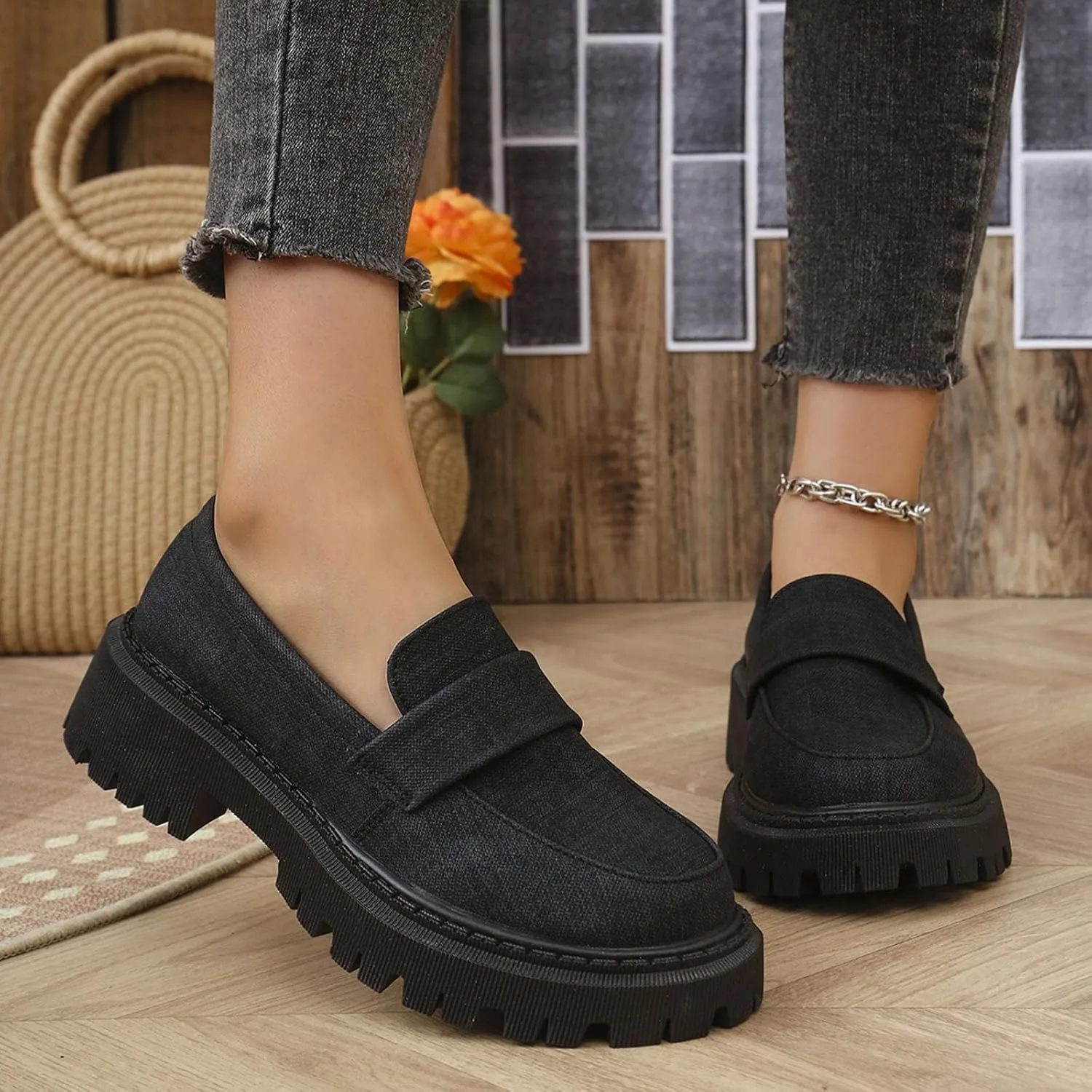 Jean Loafers for Women Comfort Slip-On Loafers Business Dress Shoes Chunky Heeled Work Shoes Retro Dress Shoes