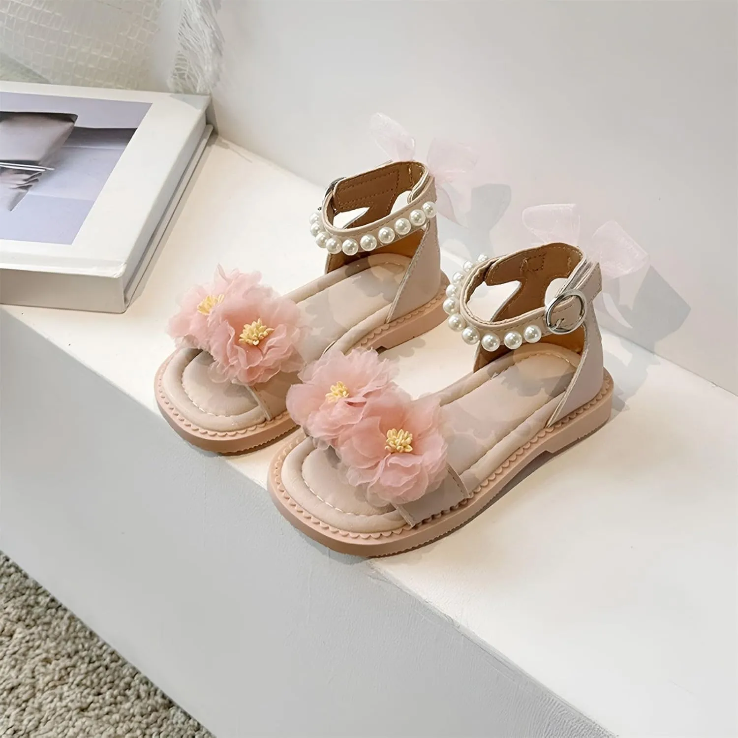 Kids Girls Flower Pearl Sandals Soft Sole Open Toe Adjustable Straps Formal Dress Shoes for Birthday Wedding Party