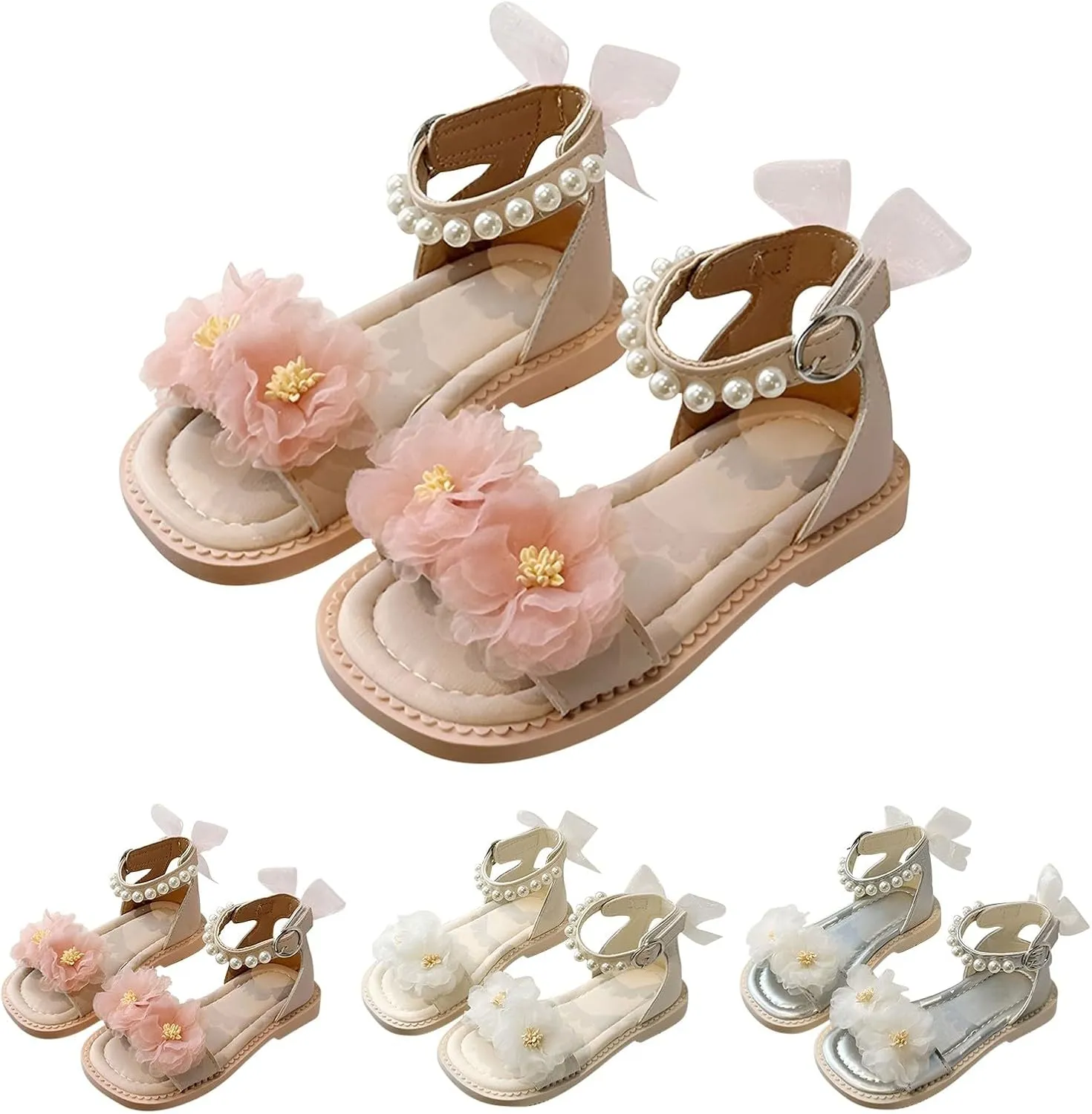 Kids Girls Flower Pearl Sandals Soft Sole Open Toe Adjustable Straps Formal Dress Shoes for Birthday Wedding Party