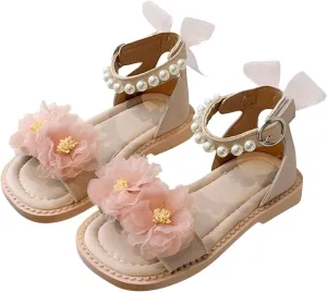 Kids Girls Flower Pearl Sandals Soft Sole Open Toe Adjustable Straps Formal Dress Shoes for Birthday Wedding Party