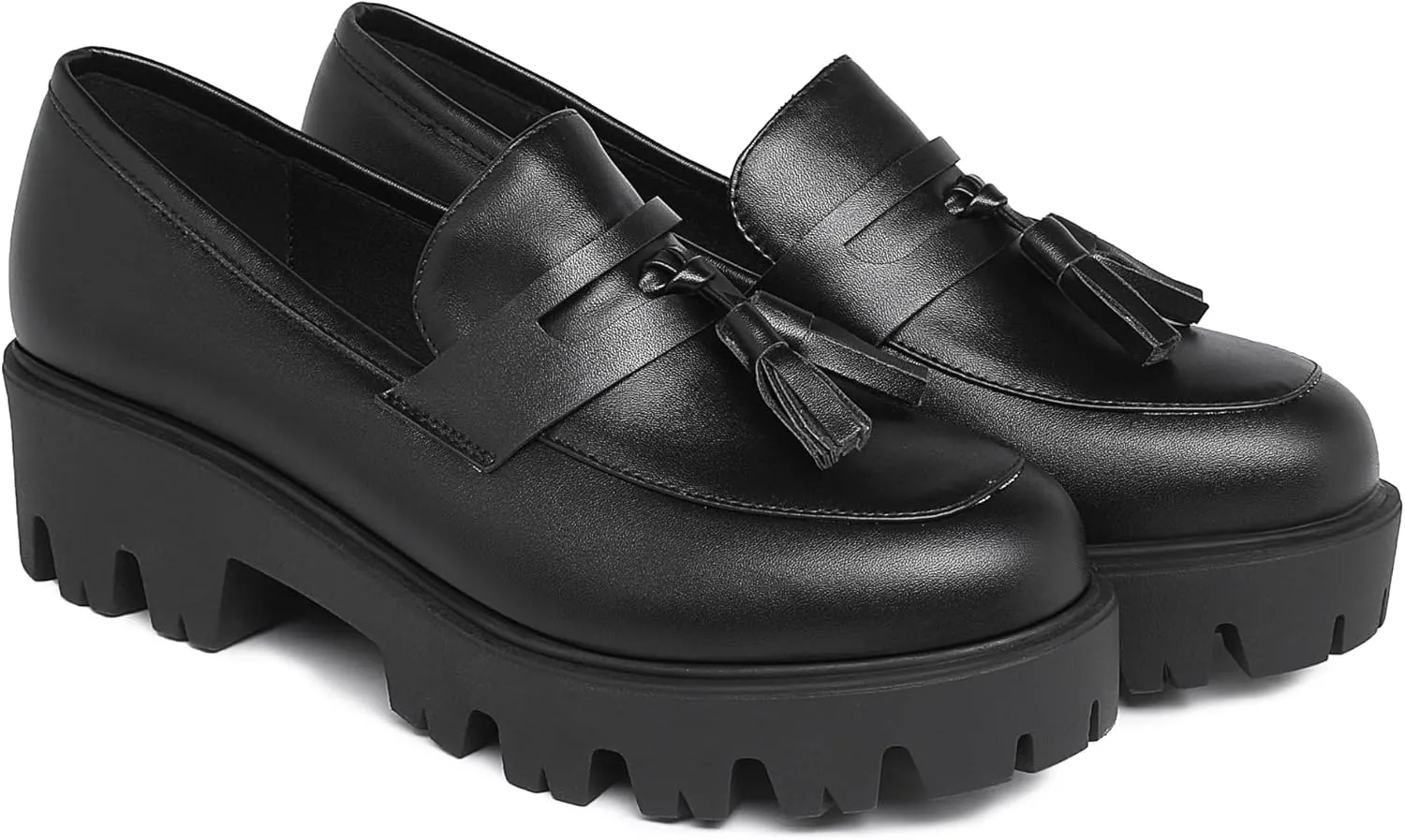 KISSASA Womens Tassel Platform Patent Chunky Heeled Loafers Slip On Uniform Dress Shoes