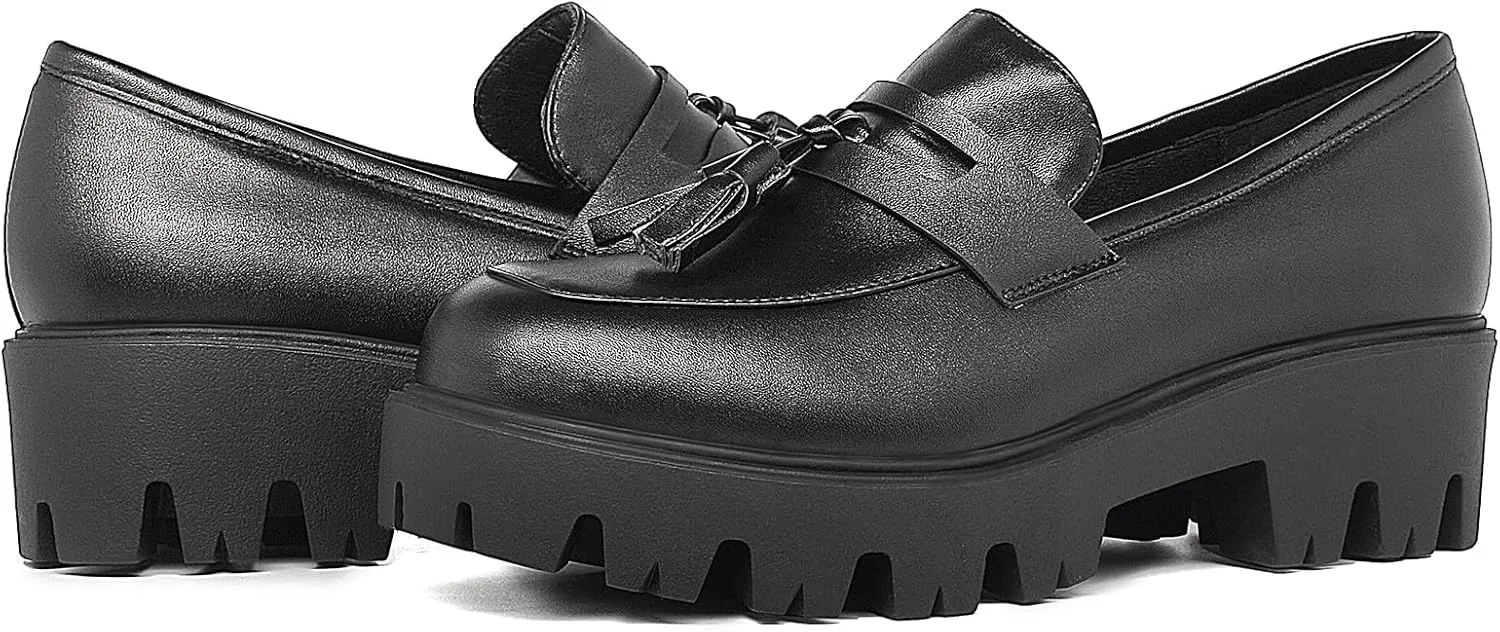 KISSASA Womens Tassel Platform Patent Chunky Heeled Loafers Slip On Uniform Dress Shoes