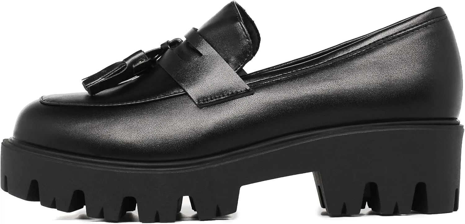 KISSASA Womens Tassel Platform Patent Chunky Heeled Loafers Slip On Uniform Dress Shoes