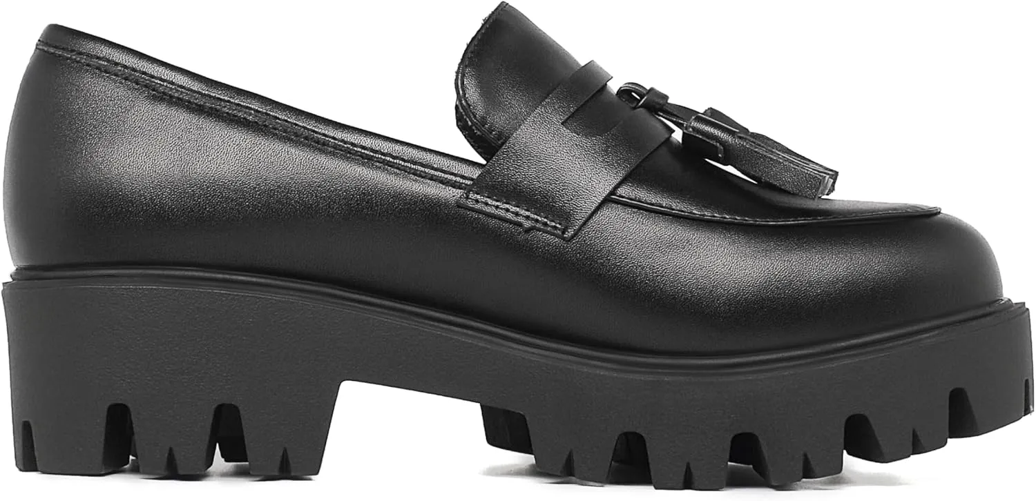 KISSASA Womens Tassel Platform Patent Chunky Heeled Loafers Slip On Uniform Dress Shoes