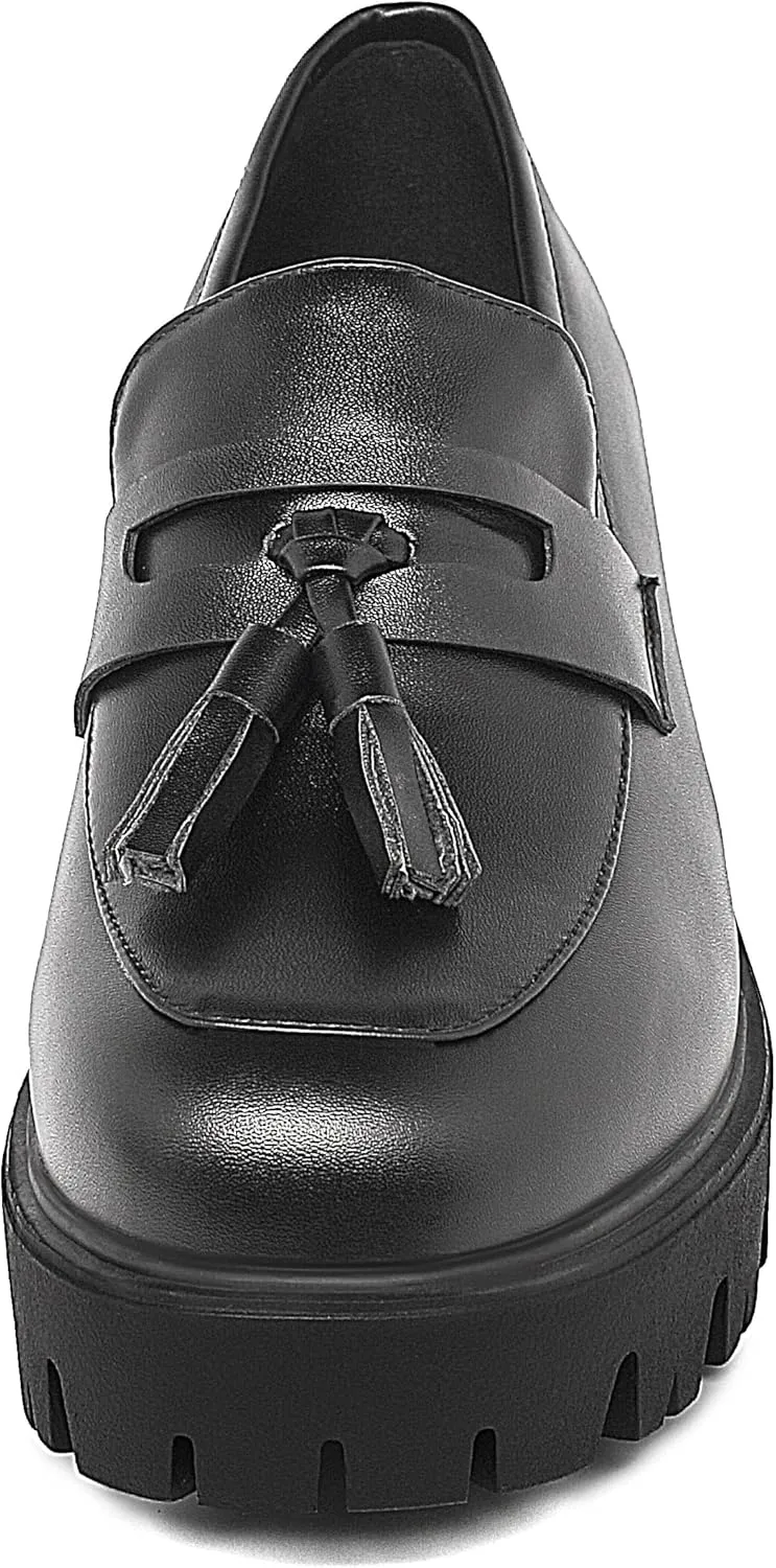 KISSASA Womens Tassel Platform Patent Chunky Heeled Loafers Slip On Uniform Dress Shoes