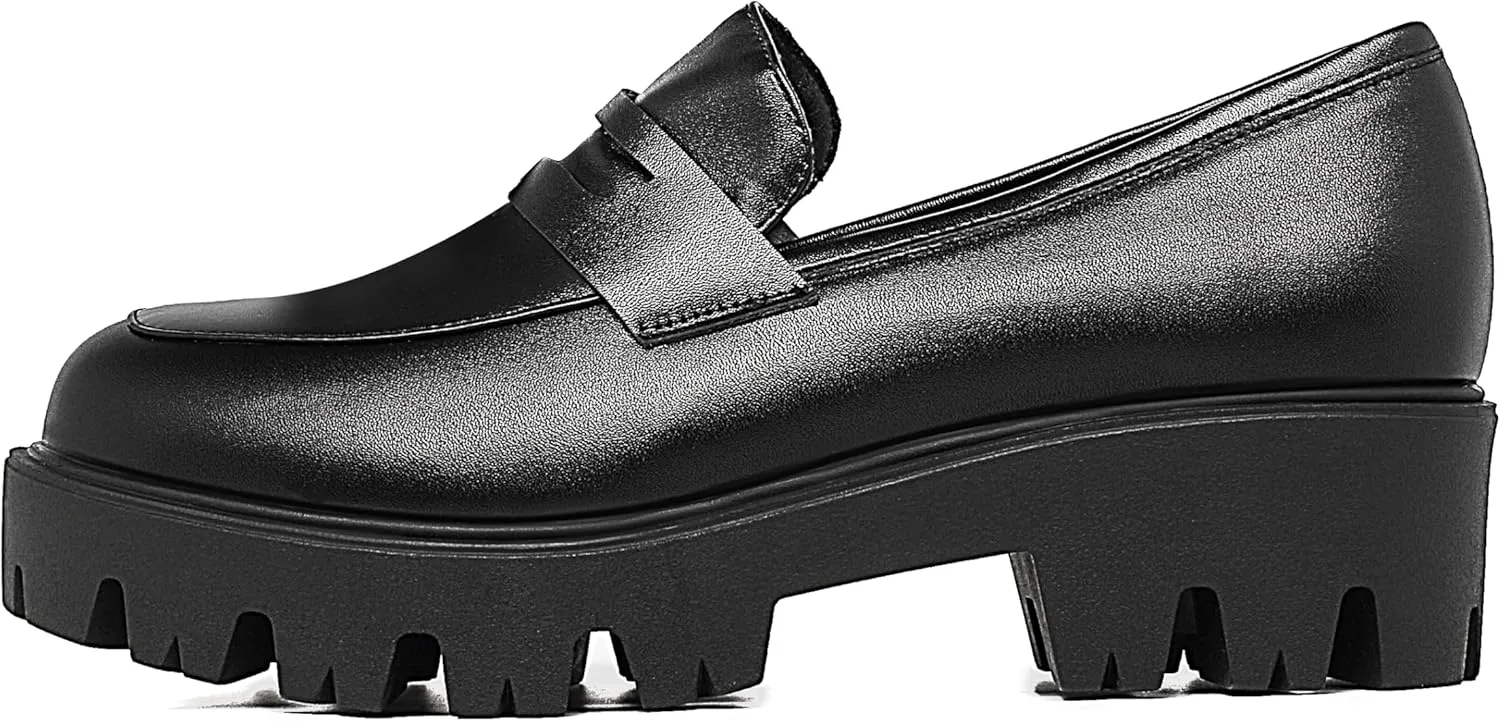 KISSASA Womens Tassel Platform Patent Chunky Heeled Loafers Slip On Uniform Dress Shoes