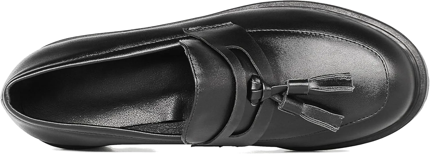 KISSASA Womens Tassel Platform Patent Chunky Heeled Loafers Slip On Uniform Dress Shoes
