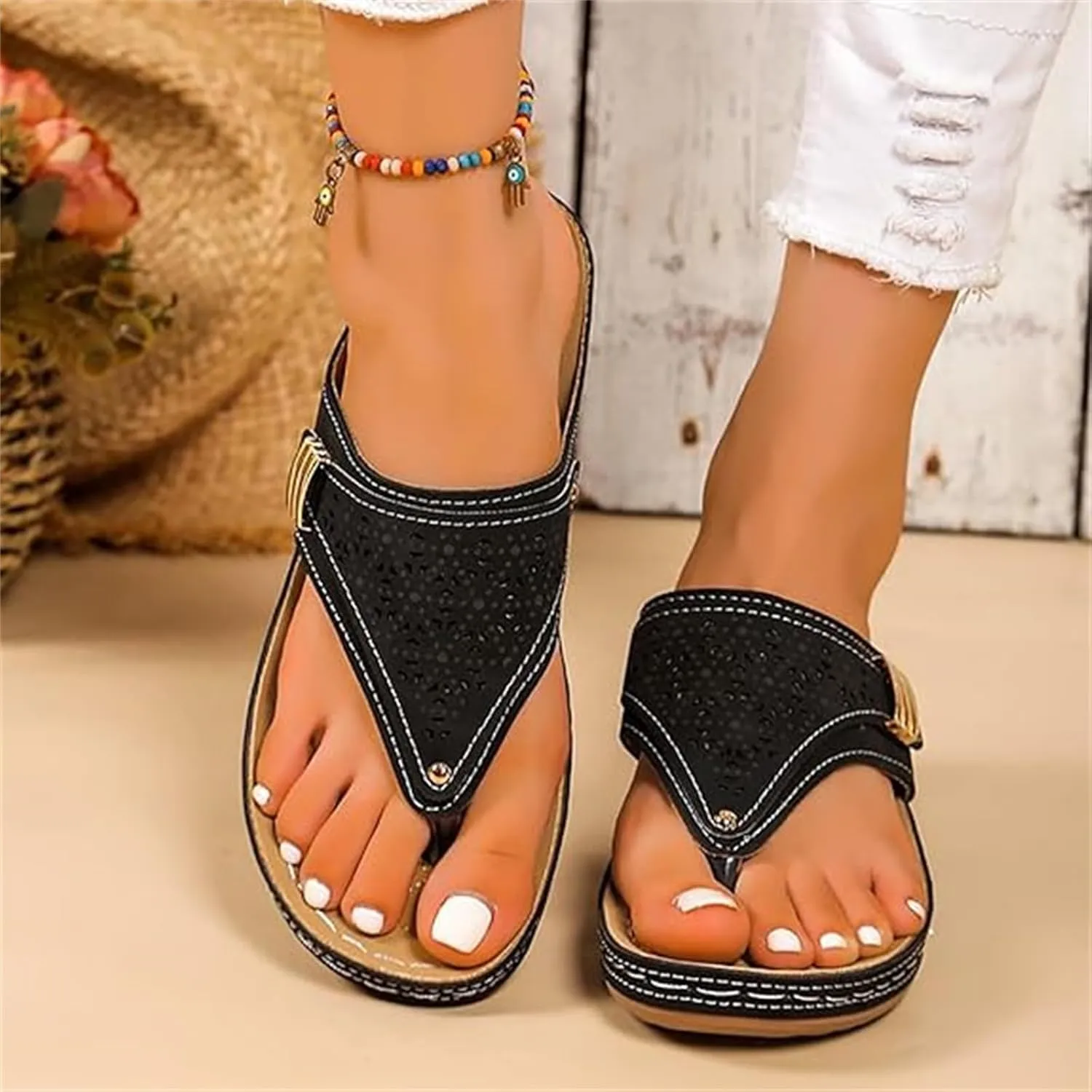 Ladmiple Womens Sandals Comfortable Dressy Arch Support Orthotic Slippers Open Toe Slides Summer Orthopedic Thong Flip Flops