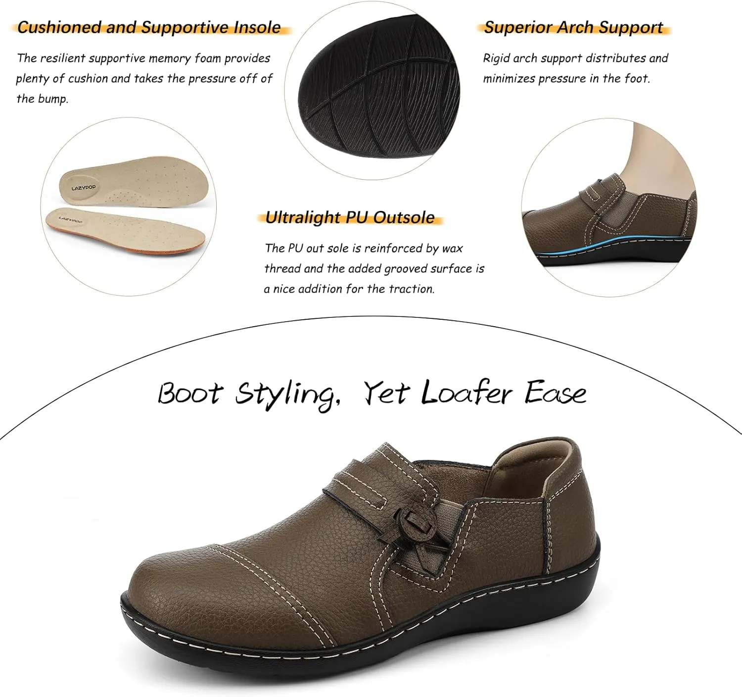LAZYPOP Women's Classic Comfort Leather Loafers Cute Slip-Ons Casual Dress Shoes Lightweight Walking Flats Everyday Work Shoes