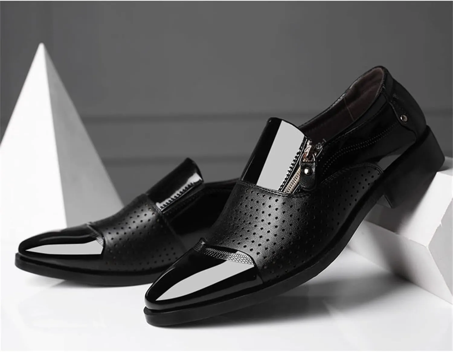 Mens Breathable Leather Shoes Slip on Dress Shoes with Zipper Low Heel Patent Leather Shoe Non Slip Business Formal Shoe Durable Daily Work Office Suit Footwear Arch Support Walking Boots