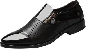 Mens Breathable Leather Shoes Slip on Dress Shoes with Zipper Low Heel Patent Leather Shoe Non Slip Business Formal Shoe Durable Daily Work Office Suit Footwear Arch Support Walking Boots