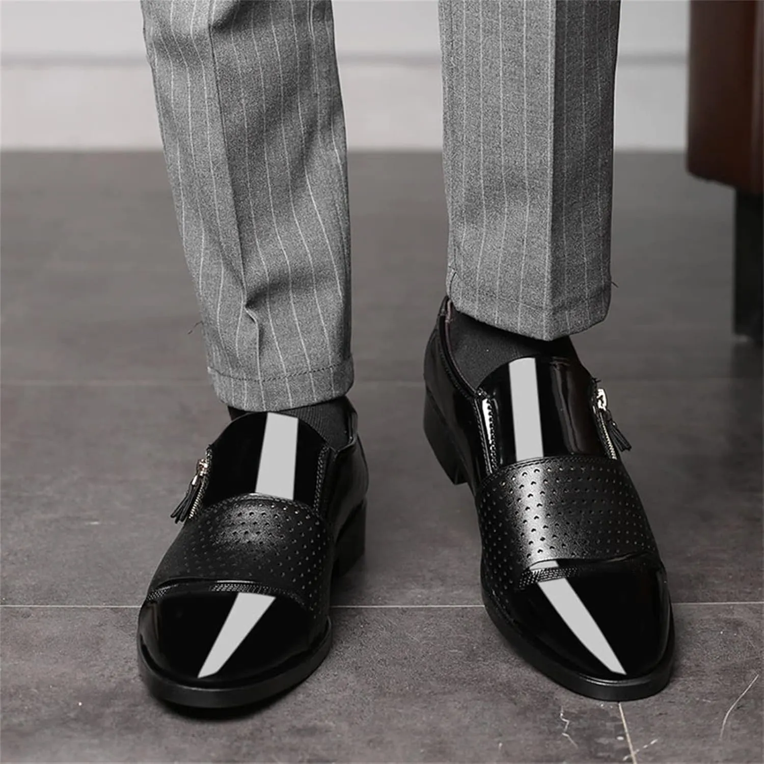 Mens Breathable Leather Shoes Slip on Dress Shoes with Zipper Low Heel Patent Leather Shoe Non Slip Business Formal Shoe Durable Daily Work Office Suit Footwear Arch Support Walking Boots