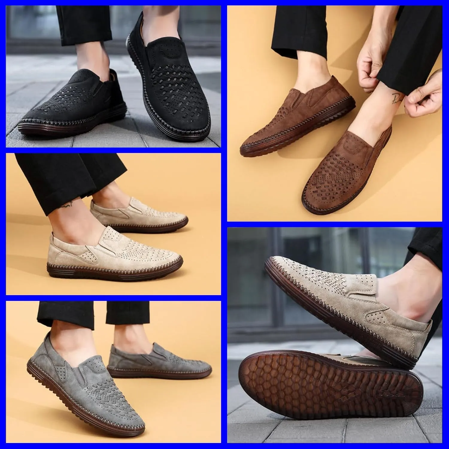 Men's Breathable Leather Slip-On Loafers Casual Mesh Driving Shoes with Soft Rubber Sole, Lightweight Lazy Walking Flats for Summer Comfort
