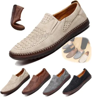 Men's Breathable Leather Slip-On Loafers Casual Mesh Driving Shoes with Soft Rubber Sole, Lightweight Lazy Walking Flats for Summer Comfort