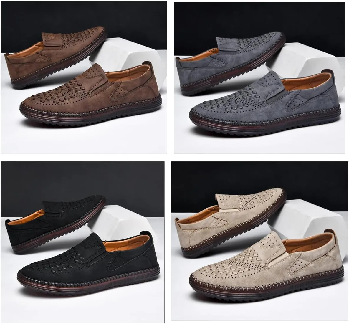 Men's Breathable Leather Slip-On Loafers Casual Mesh Driving Shoes with Soft Rubber Sole, Lightweight Lazy Walking Flats for Summer Comfort