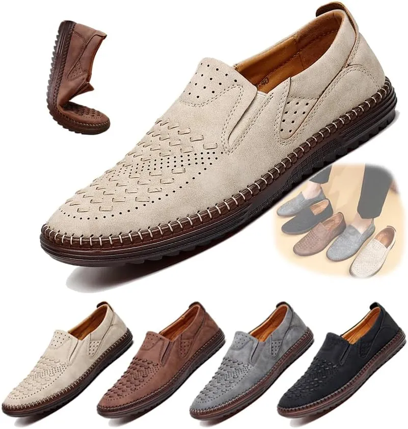 Men's Breathable Leather Slip-On Loafers Casual Mesh Driving Shoes with Soft Rubber Sole, Lightweight Lazy Walking Flats for Summer Comfort
