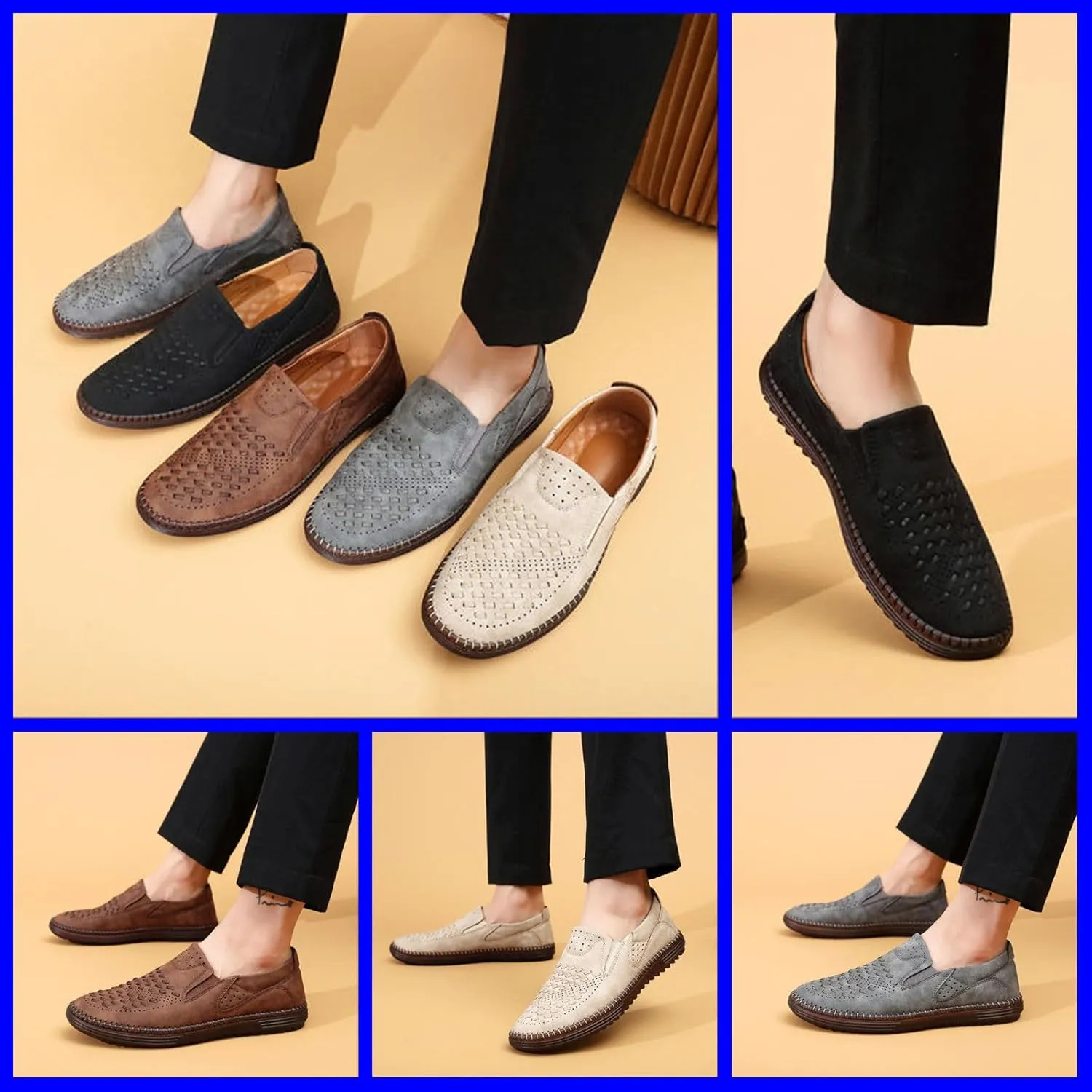 Men's Breathable Leather Slip-On Loafers Casual Mesh Driving Shoes with Soft Rubber Sole, Lightweight Lazy Walking Flats for Summer Comfort