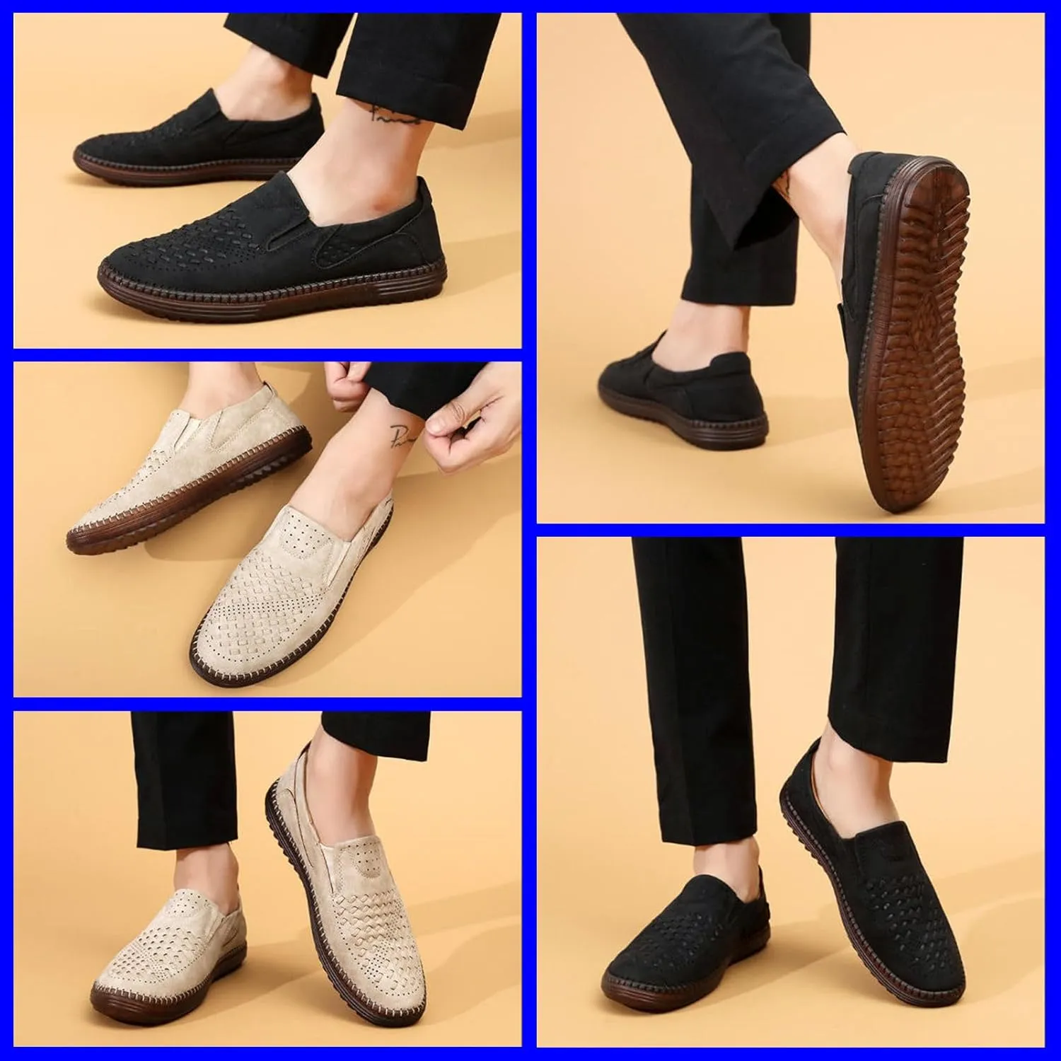 Men's Breathable Leather Slip-On Loafers Casual Mesh Driving Shoes with Soft Rubber Sole, Lightweight Lazy Walking Flats for Summer Comfort