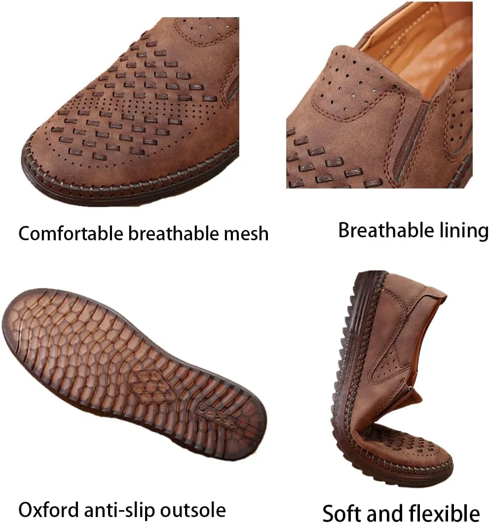 Men's Breathable Leather Slip-On Loafers Casual Mesh Driving Shoes with Soft Rubber Sole, Lightweight Lazy Walking Flats for Summer Comfort