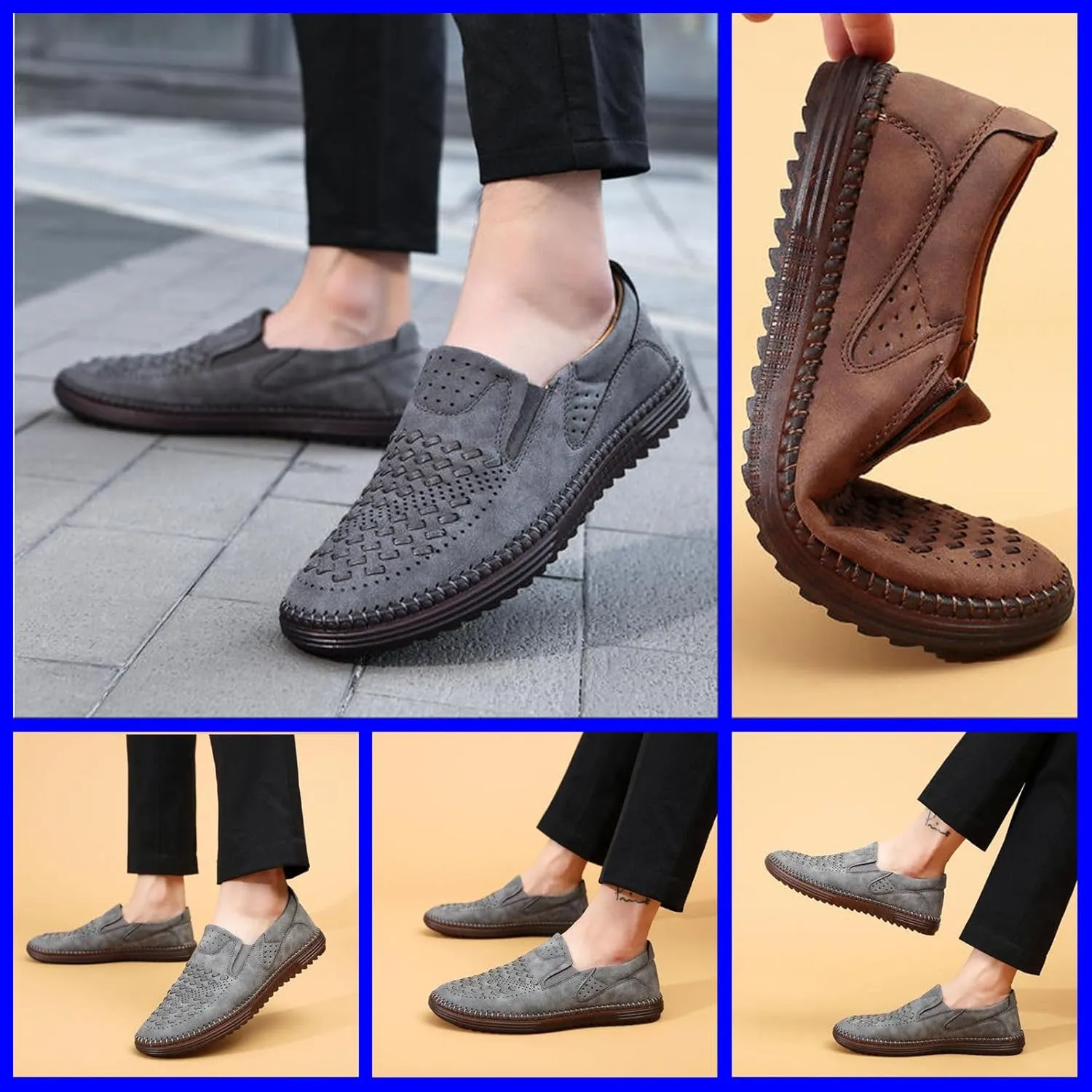 Men's Breathable Leather Slip-On Loafers Casual Mesh Driving Shoes with Soft Rubber Sole, Lightweight Lazy Walking Flats for Summer Comfort